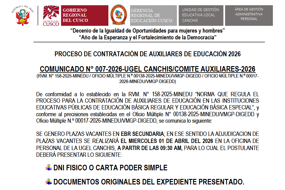 PROCESO DE CONTRATACIÓN DE AUXILIARES DE EDUCACIÓN 2026 COMUNiCADO N° 007-2026-UGEL CANCHIS/COMITE AUXILIARES-2026